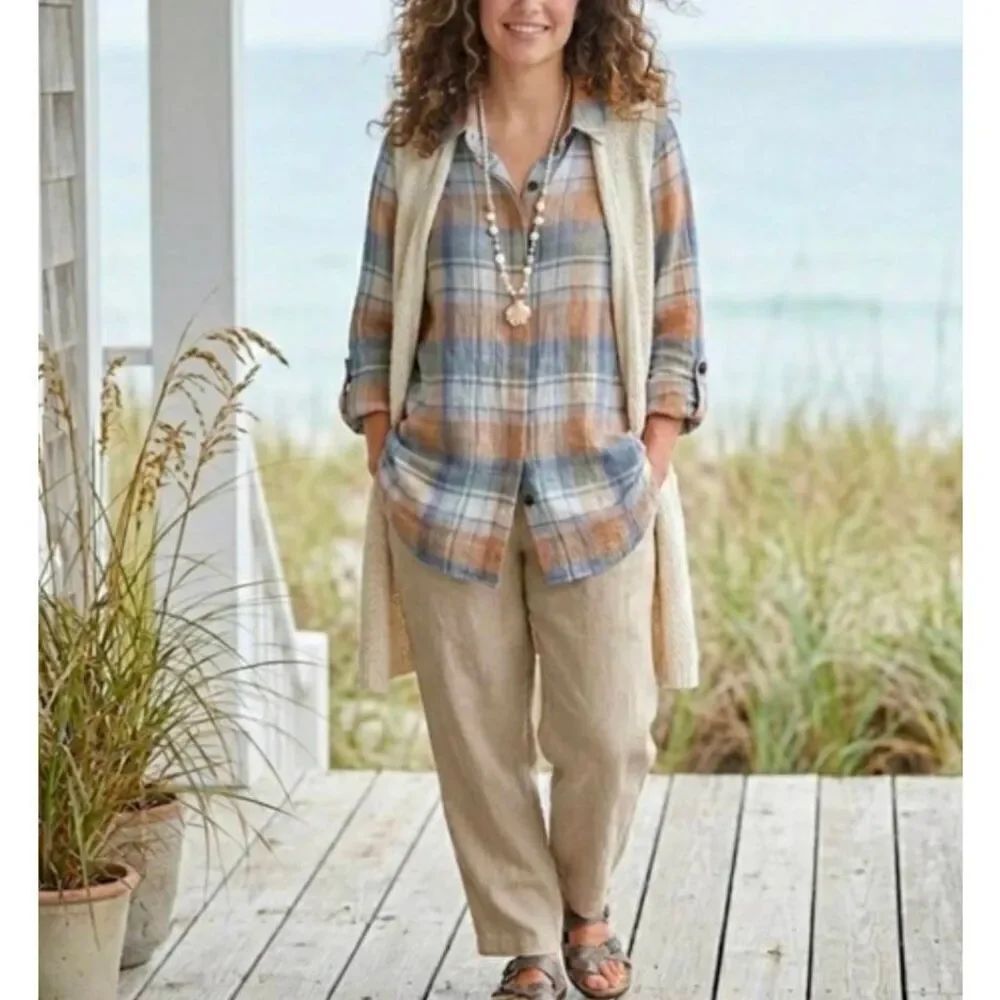 Soft Surroundings rainbow row multicolor plaid linen button up shirt womens L